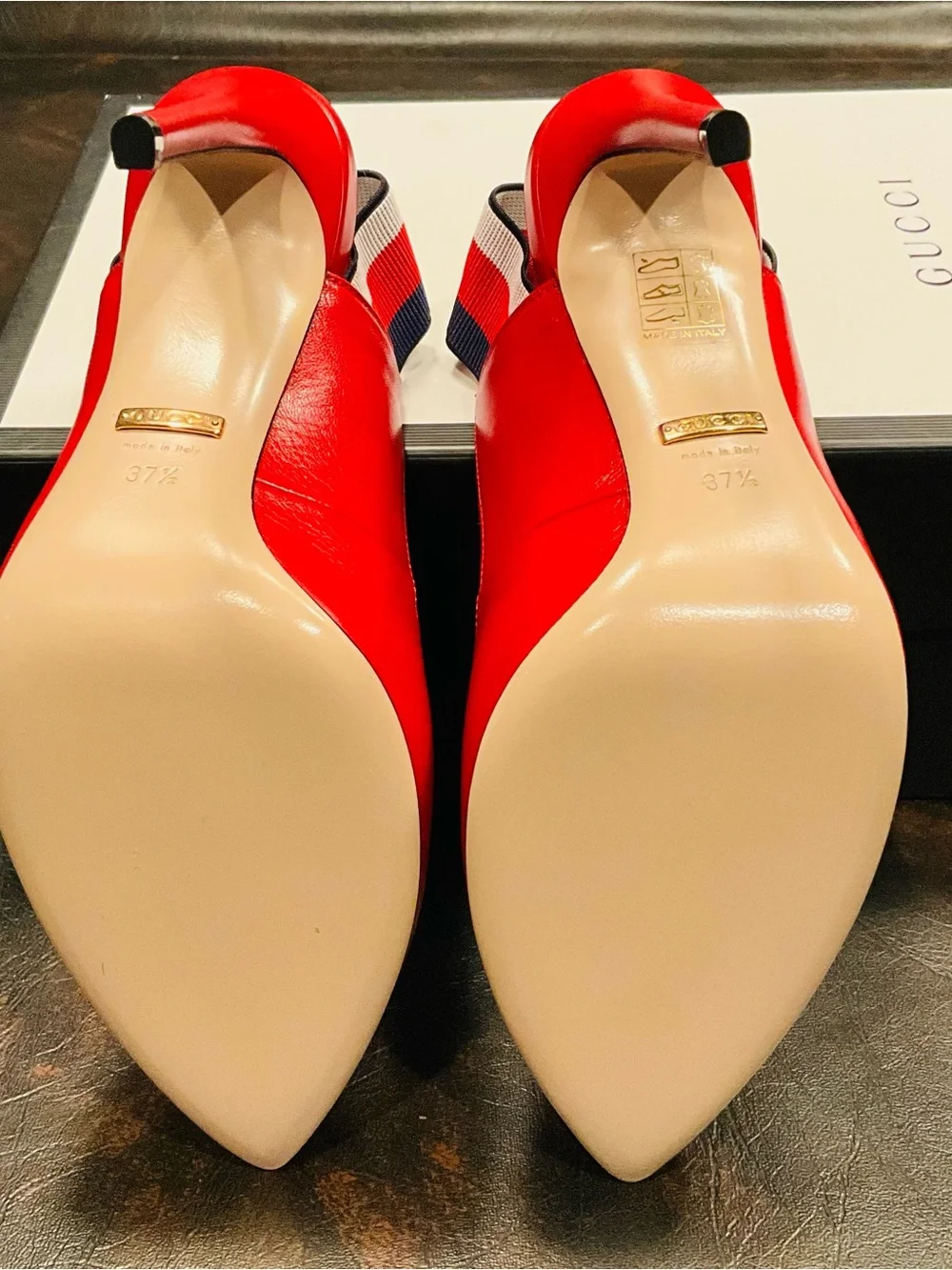 Gucci Red Leather Pointed Slingback Pumps with Striped Strap